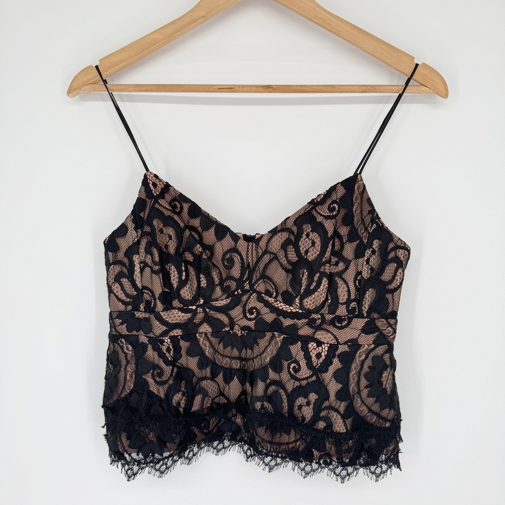 Vintage Y2K Nanette Lepore Camisole Top 6 Black Lace Nude Lining Coquette Ballet